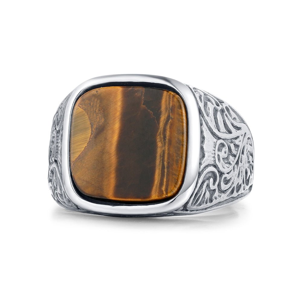 Bague Pour Homme En Acier Avec Pierre Précieuse Carrée - Œil De Tigre, Design Tendance