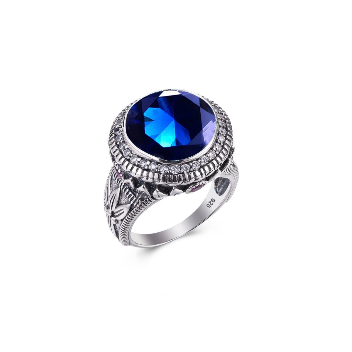 Bague Homme Argent Sterling 925, Saphir Bleu Créé Et Zirconium Cubique, Taille Ajustable