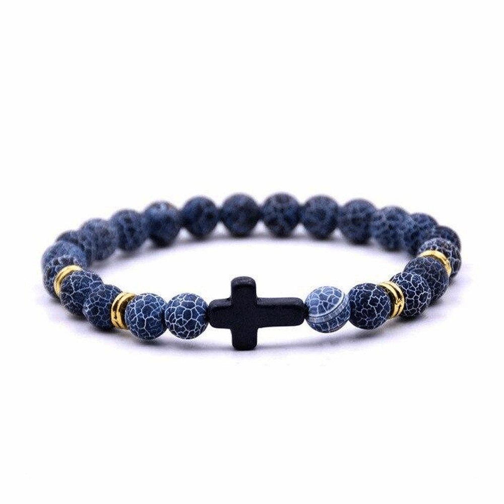 Bracelet En Agate Bleue Et Hématite Avec Croix - Perles 8mm, Pierres Naturelles, Neuf Fait Main